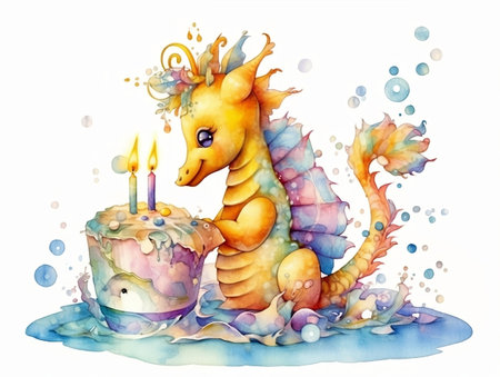 Cute watercolor seahorse with cake and candle on a white backgroundの素材