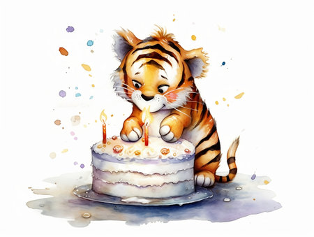 Cute tiger with birthday cake. Watercolor illustration on white backgroundの素材