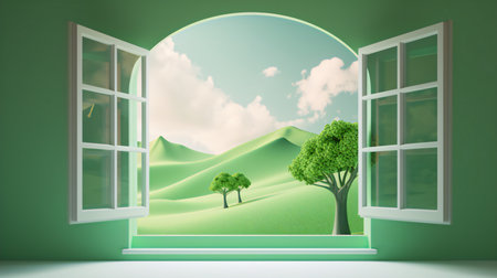 Open window with green landscape and tree, 3d render illustration.の素材