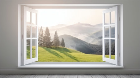 3D rendering of a window with a view of the mountain landscapeの素材
