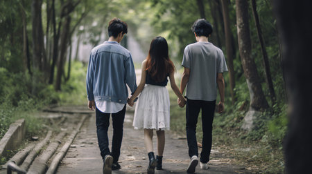 Back view of young asian couple holding hands and walking together in the forestの素材