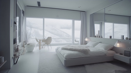 3d rendering of a modern bedroom interior design with a mountain viewの素材