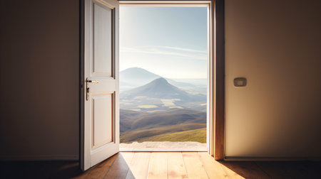 Open door to mountain landscape. View from open door. 3D Renderingの素材
