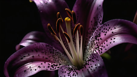 Beautiful purple lily on a black background close-up.の素材