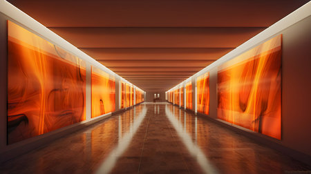 3D rendering of a corridor in a modern office building with glowing lightsの素材