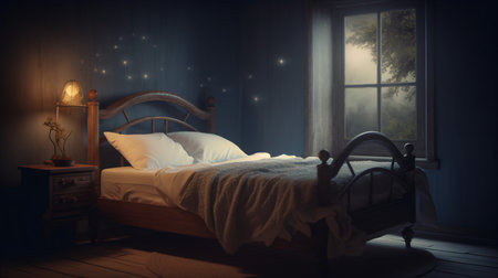 Comfortable double bed with pillows in the dark room at nightの素材