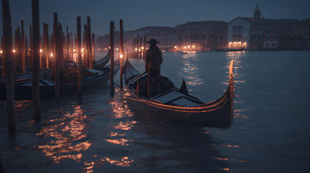 Gondola in the Grand Canal at night, Venice, Italyの素材