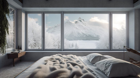 3d render of a modern bedroom with mountains view from the windowの素材