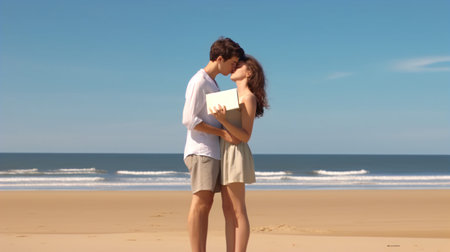 Young couple kissing and embracing on the beach at the day time.の素材