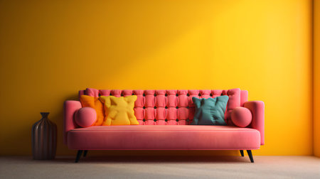 Interior of living room with pink sofa and yellow wall. 3d renderの素材