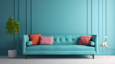 Interior of living room with blue walls and sofa 3d renderingの素材