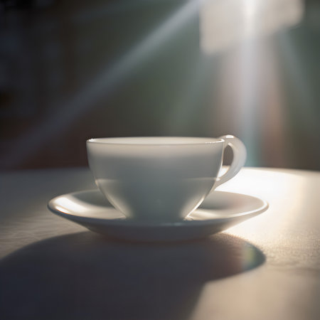 White cup of coffee on the table in the morning sunlight. Selective focus.の素材
