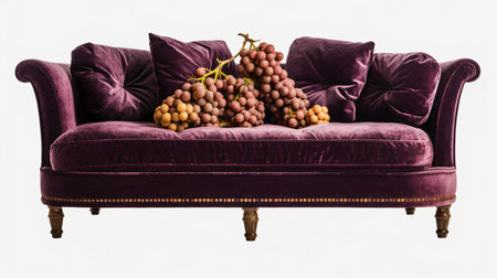 purple velvet sofa with bunch of grapes isolated on a white backgroundの素材