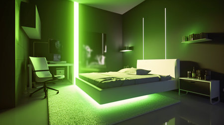 3d rendering of a modern bedroom with green light coming from the ceilingの素材