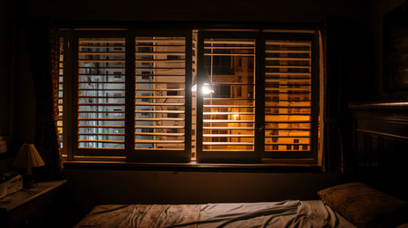 Night view of the window in a dark room with wooden shuttersの素材