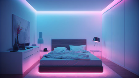 Modern bedroom interior in purple and pink colors. 3D Renderingの素材