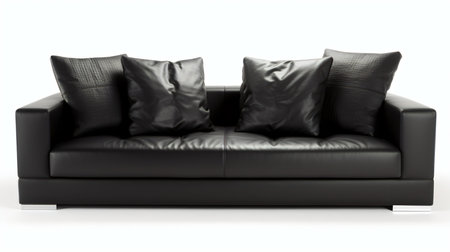 Black leather sofa with pillows isolated on white background. 3d renderの素材