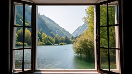Beautiful view from the window to the lake, mountains and forestの素材