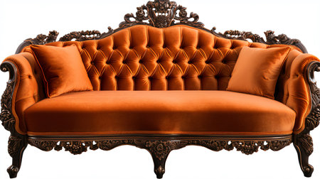 Luxury sofa with orange cushions isolated on white background.の素材