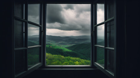 View from the window of a house in the mountains. Landscape.の素材