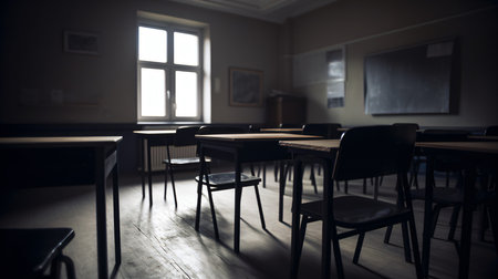 Classroom with tables and chairs in old school style. Selective focus.の素材