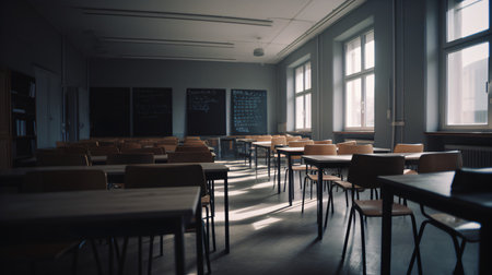 Interior of an empty school classroom with rows of chairs and tablesの素材
