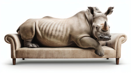 Rhinoceros sitting on a sofa isolated on white background.の素材