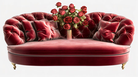 Red leather sofa with roses on a white background. 3d renderingの素材