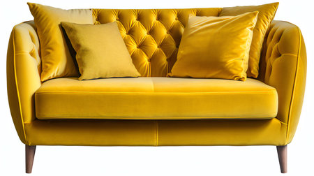 Sofa with yellow pillows isolated on a white background.の素材