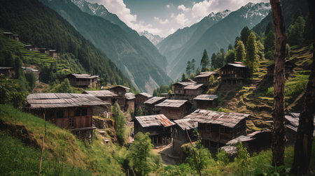 Houses in the Himalayas, Annapurna Conservation Area, Nepalの素材