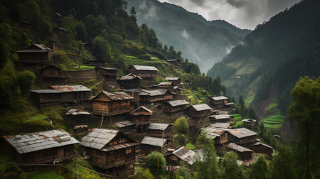 Houses on the hillside in Himalayas, Nepal.の素材