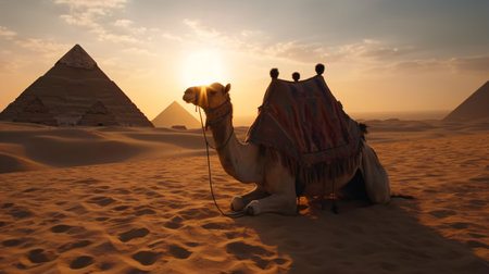 Camels and pyramids in the Sahara desert at sunset, Egyptの素材