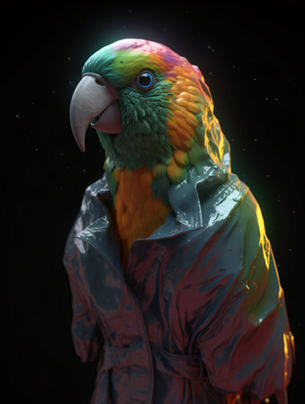 Portrait of a parrot in a raincoat on a dark backgroundの素材