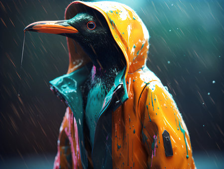 Portrait of a black crow in raincoat and raincoat.の素材