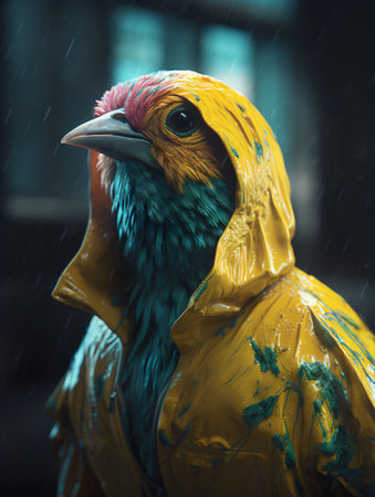 Colorful plastic pheasant in a raincoat. Selective focus.の素材