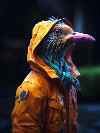 Cute bird in orange raincoat with raindrops on his faceの素材