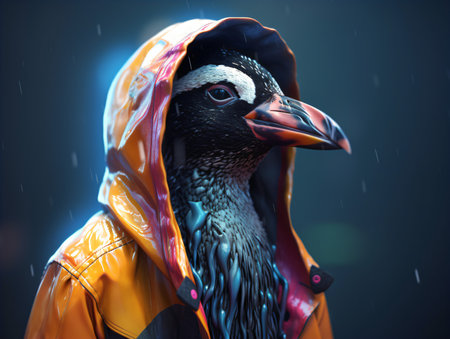 Portrait of a penguin in a raincoat on a dark backgroundの素材