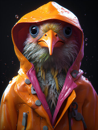 Cute eagle in raincoat and orange helmet on black background.の素材