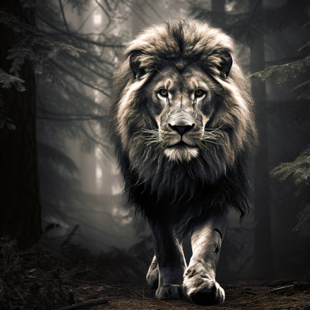 Big male lion in the dark forest. Animal portrait. Fantasy.