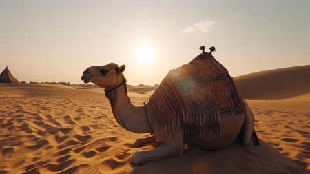 Camel in the Sahara desert at sunset, Egypt. 3d renderingの素材