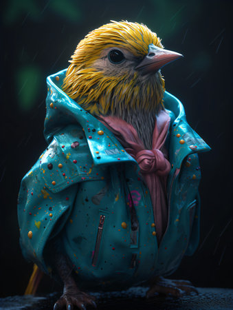 Cute little bird in raincoat and raincoat on dark backgroundの素材