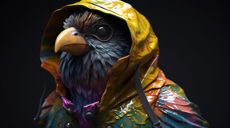eagle in raincoat on black background, halloween conceptの素材