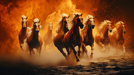 Horses running in the fire on a dark background with smoke.の素材
