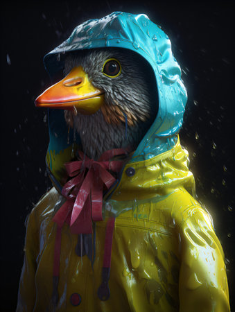 Duck in raincoat and raincoat on black background. 3d renderingの素材
