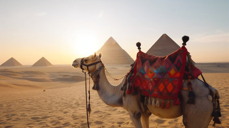 Camels and pyramids in Giza desert, Cairo, Egyptの素材