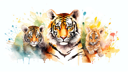 Watercolor tiger family on white background. Watercolor painting. Vector illustration.の素材