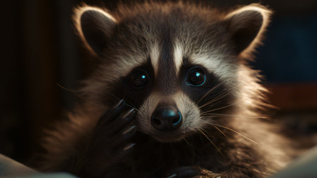 Portrait of a raccoon with blue eyes on a dark backgroundの素材
