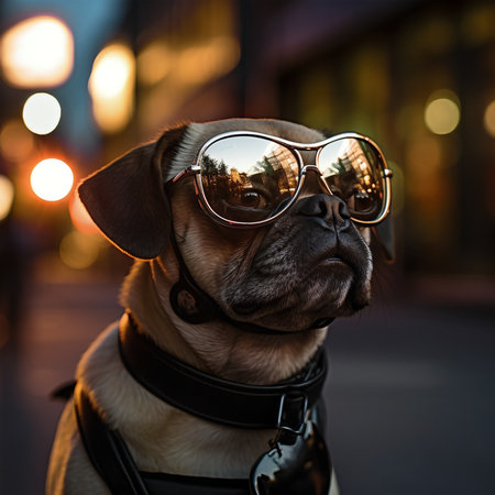 Portrait of a pug dog wearing sunglasses on the street at night.の素材