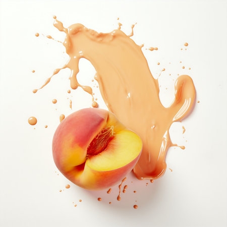 Peach with juice splash isolated on white background. 3d illustrationの素材