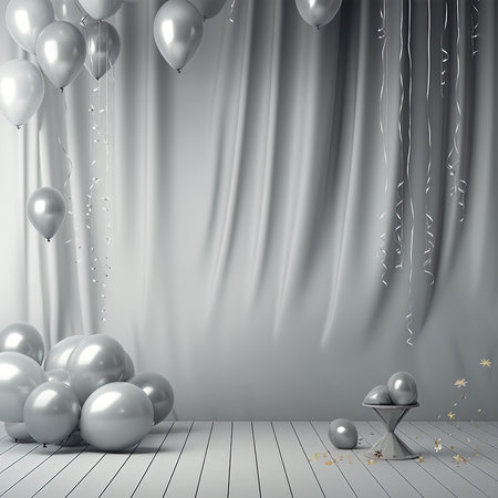 Silver balloons and confetti on a white wooden floor. 3d renderingの素材